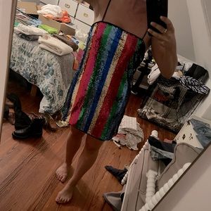Rainbow striped disco sequins glitter mini dress - size large